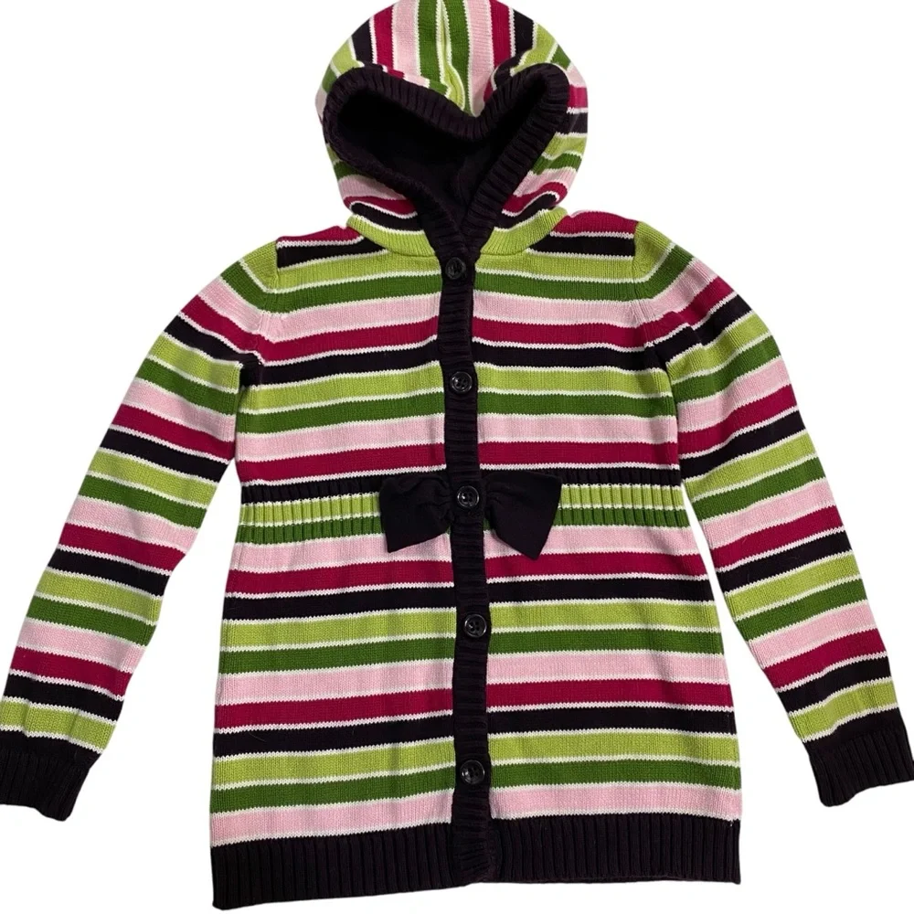 GYMBOREE Sweater Cardigan Button Up Hoodie Size 7/8 Pink Green Knit Warm
